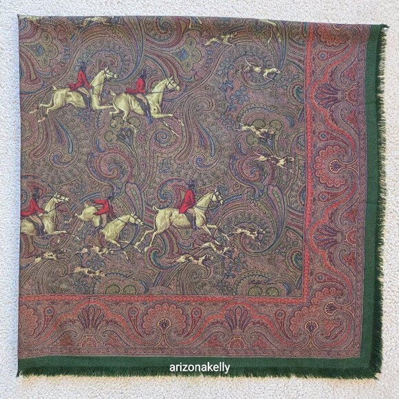 Vintage Ralph Lauren LARGE Wool Square Scarf Shawl Wrap Equestrian Hunting Dogs - Picture 1 of 16